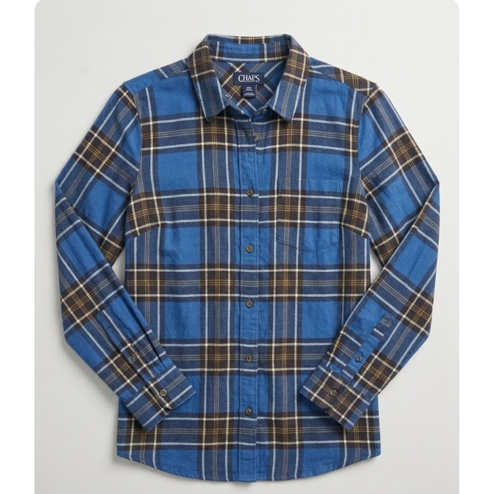 Style & Co Petite Blue Brown Plaid Flannel Button Down Shirt PM Long Sleeve